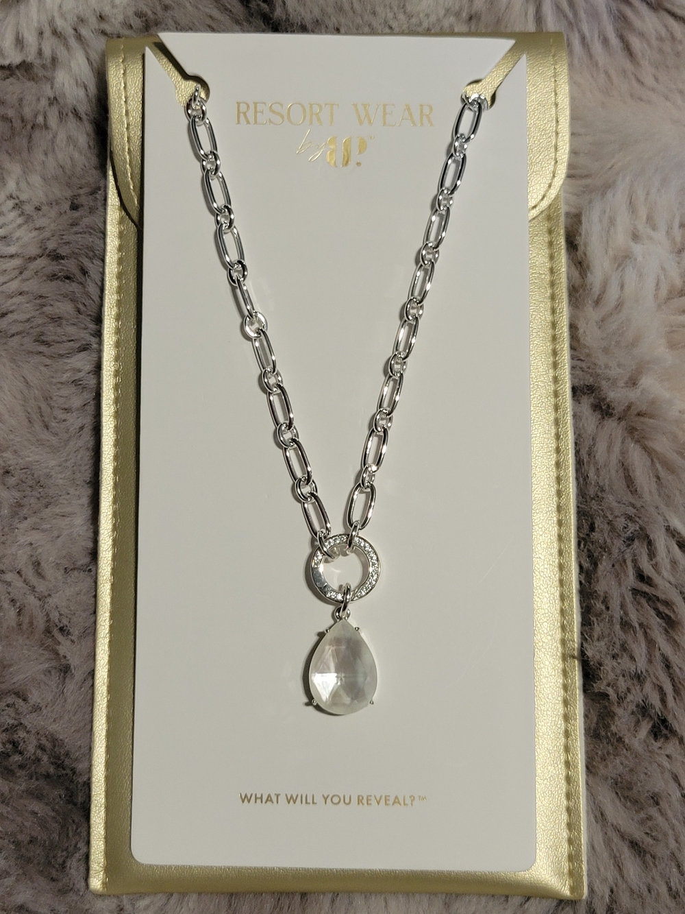 Resort Wear Silver Necklace with Clear Teardrop Pendant
